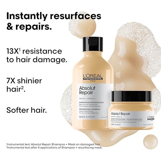L'Oréal Professionnel Absolut Repair Shampoo With Protein And Gold Quinoa For Dry And Damaged Hair, Serie Expert, 300Ml