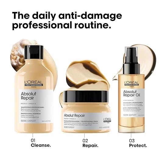 L'Oréal Professionnel Absolut Repair Shampoo With Protein And Gold Quinoa For Dry And Damaged Hair, Serie Expert, 300Ml